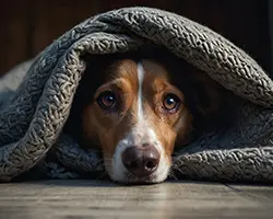 mixed breed dog hiding under a gray blanket