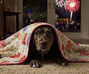 A large dog inside, hiding under a blanket with fireworks outside in the background.