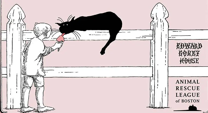 An illustration of a child feeding a black cat on a fence an ice cream cone. the Edward Gorey House and ARL logos are displayed on the right.