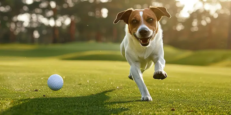 A small mixed breed dog running on a sunny gold course. A white golf ball is shown to the left of the dog in mid-air.