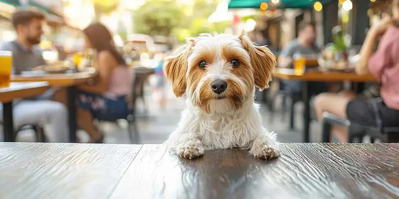 A dog outside at a resturant with it's front paws up on a table while people are eating and drinking in the background