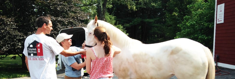 a horse next to her adopter outside