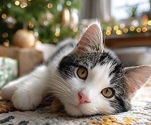 A black and white kitten lies on a patterned rug, gazing with bright eyes. A Christmas tree with twinkling lights is blurred in the background.