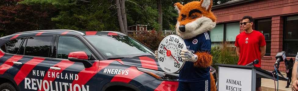 New England Revs mascot holding a large thermometer outside