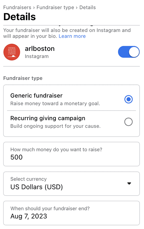 Facebook fundraiser set up