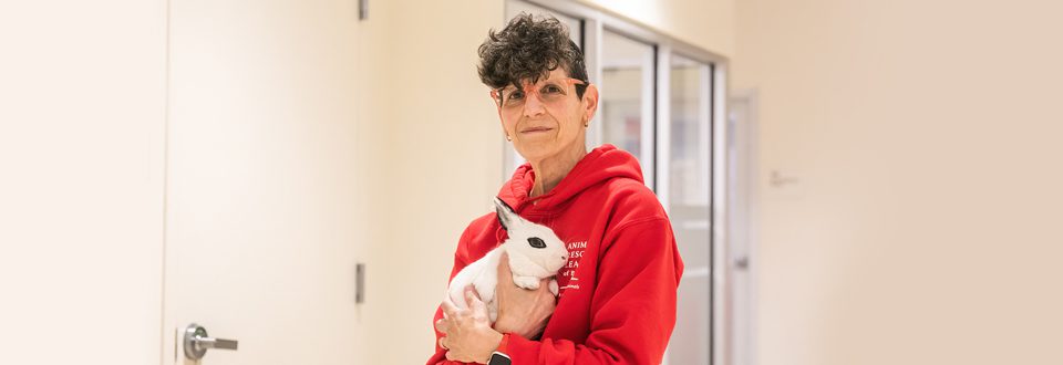 ARL volunteer, Pam Chatis, holding a rabbit