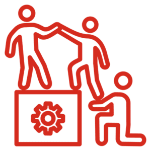 red icon of three people helping each other onto a box