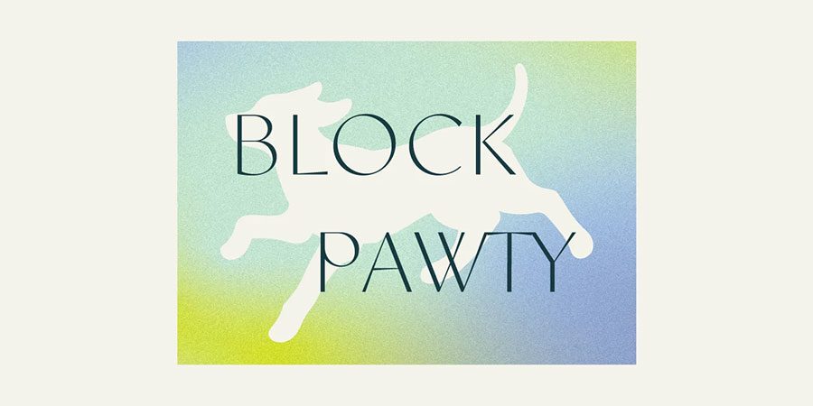 Pastel gradient graphic featuring a playful white dog silhouette and elegant dark text reading “BLOCK PAWTY,” creating a festive, upbeat mood.