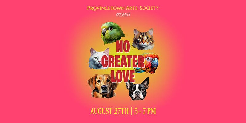 Vibrant pink poster featuring four pets around bold red text, “No Greater Love,” with parrots, cats, and dogs; event details appear below.