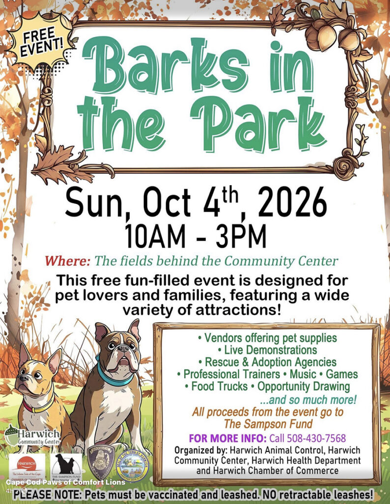 “Barks in the Park” flyer advertises a free pet event on Sun, Oct 4, 2026, with dogs, autumn leaves, vendors, and activities.