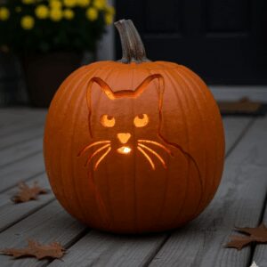a pumpkin outside with a cat design carved into it.