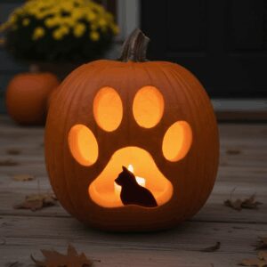 a pumpkin outside with a paw and a cat designed carved into it.