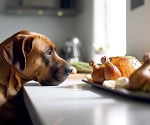 A large, curious dog gazes at a plate of food placed on a kitchen counter.
