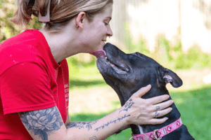 A woman in a red shirt and tattoos smiles and leans close to a black dog with a pink collar as it licks her face.