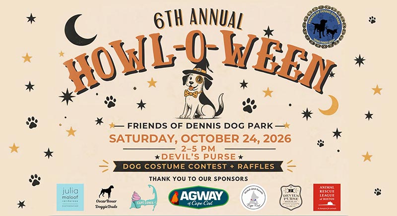 Halloween event poster for the 6th Annual Howl-O-Ween, featuring a cartoon dog in costume, moons, stars, and paw prints. Promotes a dog park party and costume contest with raffles on October 24, 2026.