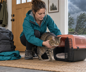 A woman kneels beside a tabby cat emerging from a carrier in a home's entryway, gently steadying the cat. There is a backpack and jacket to her left.