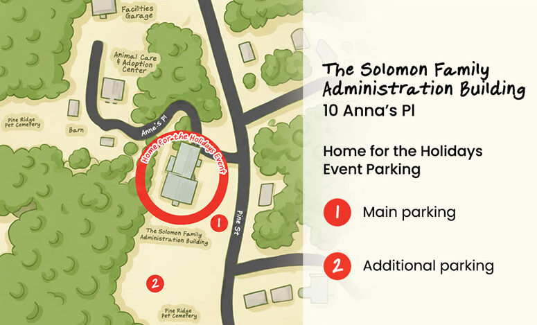Illustrated parking map for the Solomon Family Administration Building’s “Home for the Holidays” pop-up event, with main and additional parking marked in red.
